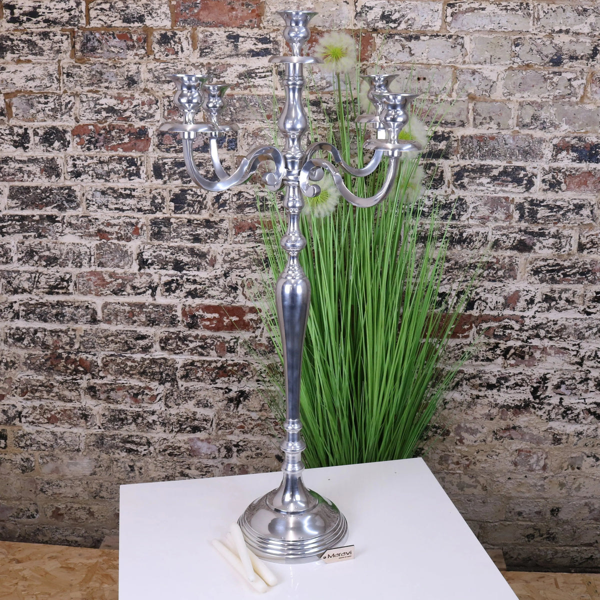 Mula polished silver 5 candle candelabra centerpiece with ornate curved arms and polished silver finish 105cm tall