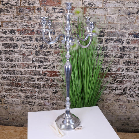 Mula polished silver 5 candle candelabra centerpiece with ornate curved arms and polished silver finish 105cm tall