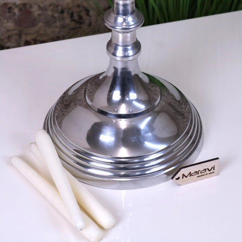 Shiny silver candelabra with tiered reflective base and elegant stem from mula polished silver centerpiece 105cm