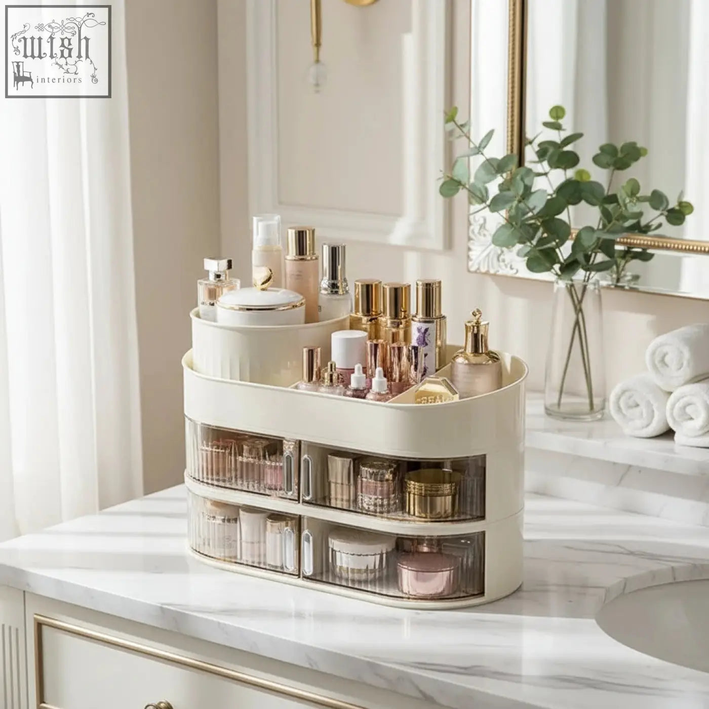 Cream-colored multi-tiered dustproof desktop vanity storage organizer with transparent drawers and sleek modern design