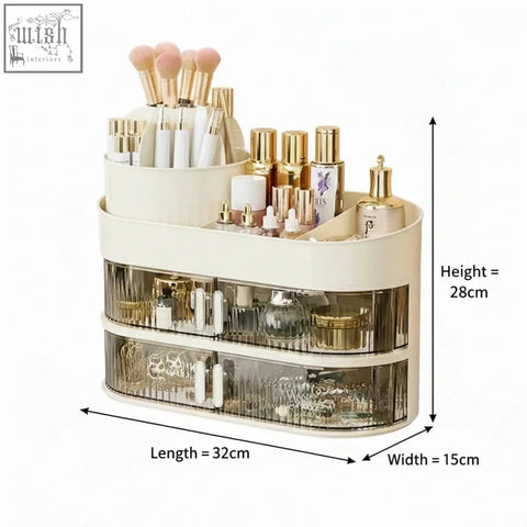 Cream-colored two-tiered vanity storage organizer with transparent drawers and gold handles for dustproof desktop use