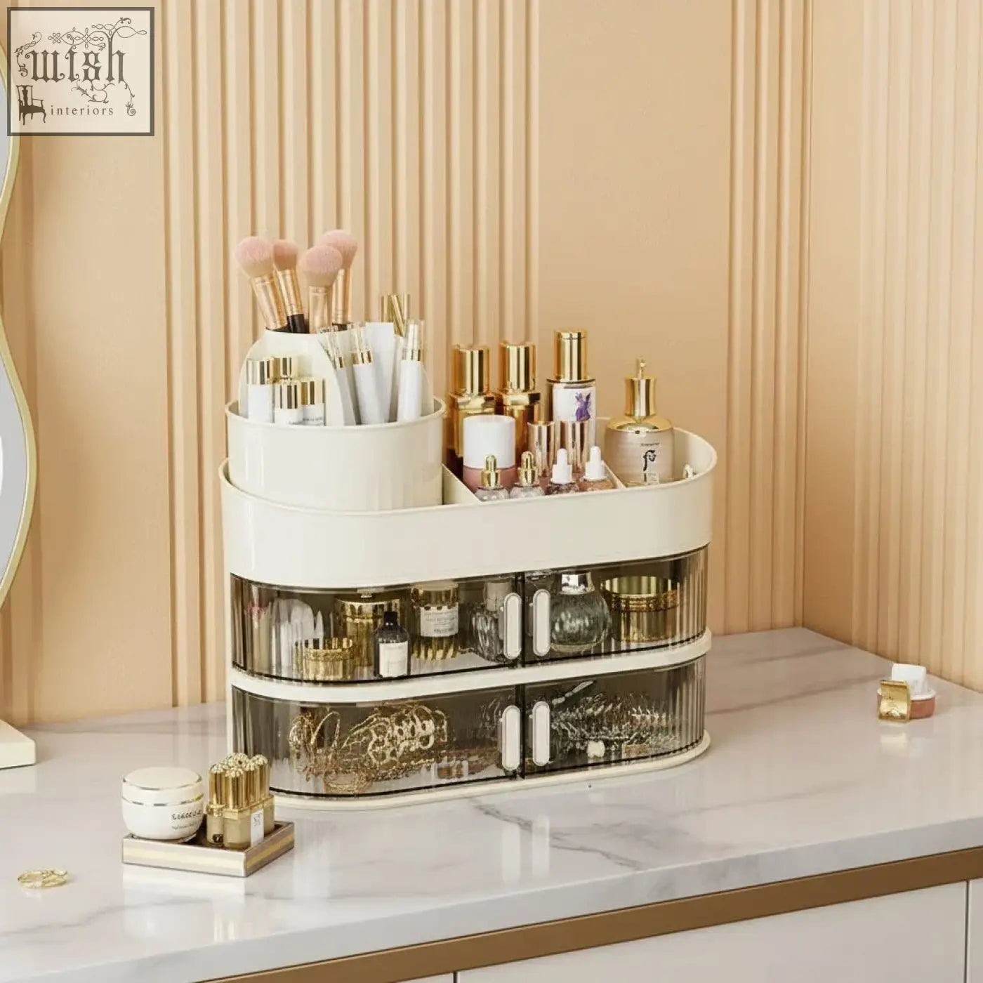 Cream-colored multi-tiered makeup vanity storage organizer with transparent drawers and gold-toned handles dustproof desktop