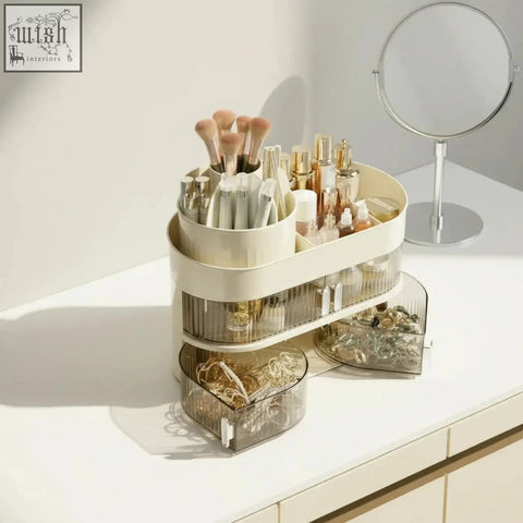 Cream-colored multi-layer dustproof desktop vanity storage organizer with tiered transparent drawers and sleek design