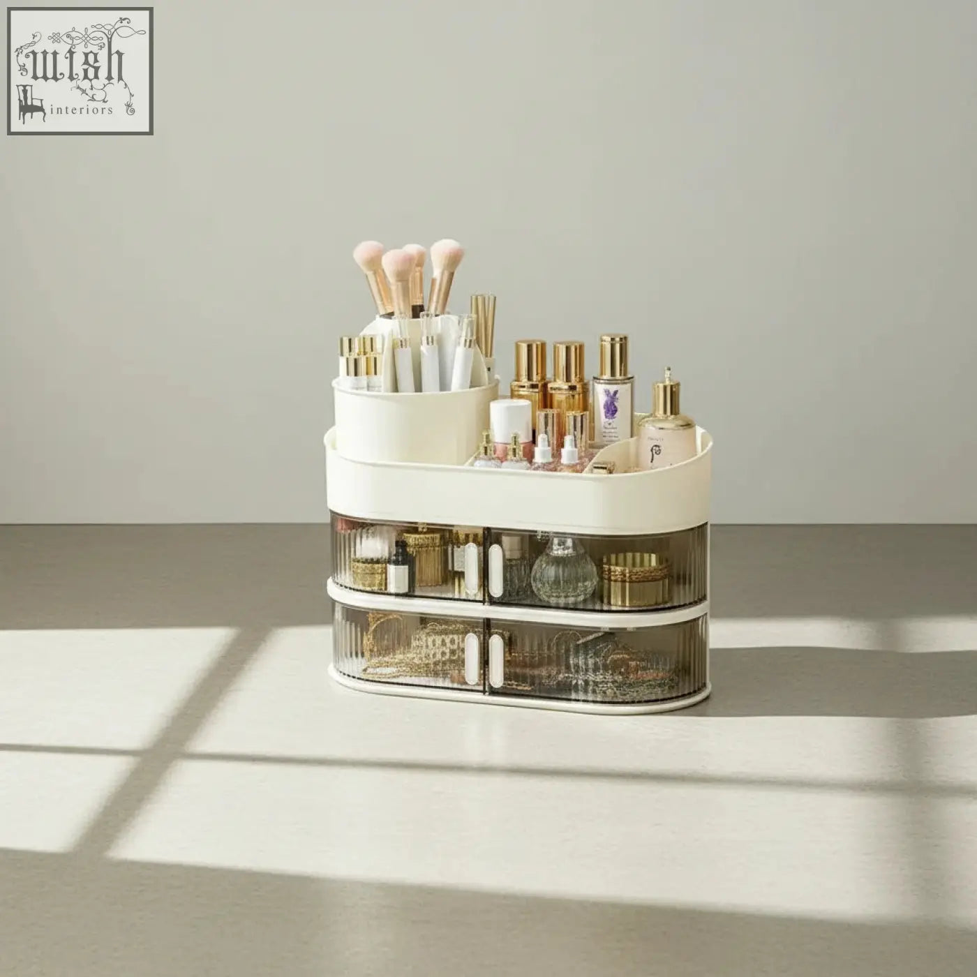 Cream-colored two-tiered dustproof desktop vanity storage organizer with transparent drawers and white handles