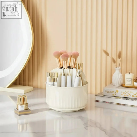 White ceramic makeup brush holder with vertical ridges and gold accents for dustproof desktop vanity storage organizer