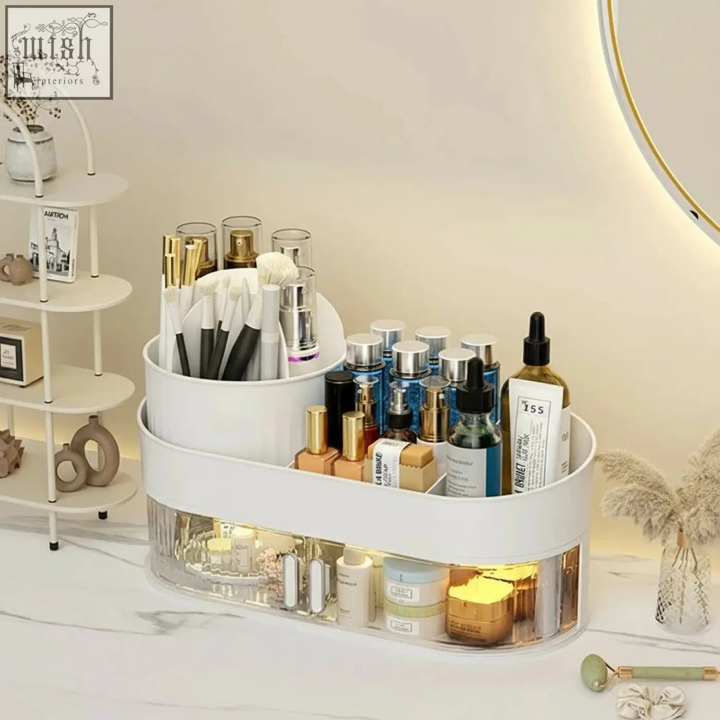 White two-tiered dustproof desktop vanity storage organizer with transparent lower shelf and gold-accented compartments