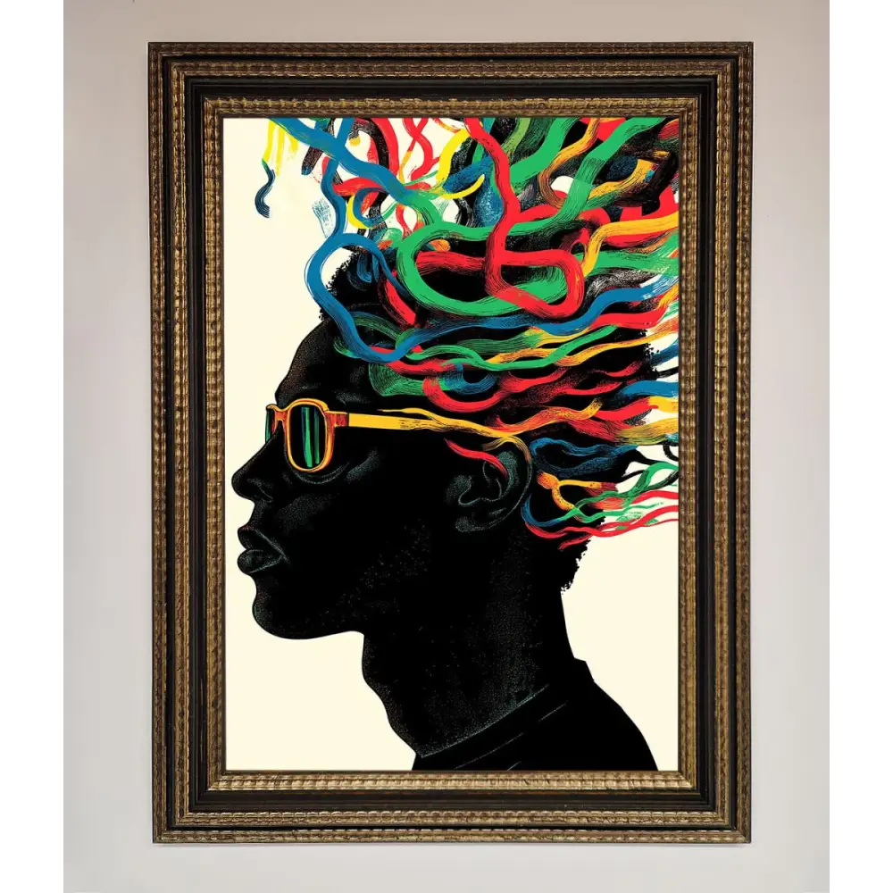 Multicolour Noodle Hair Framed Print - A3 (29.7 x 42 cm) / Ornate Gold Black - Framed Print