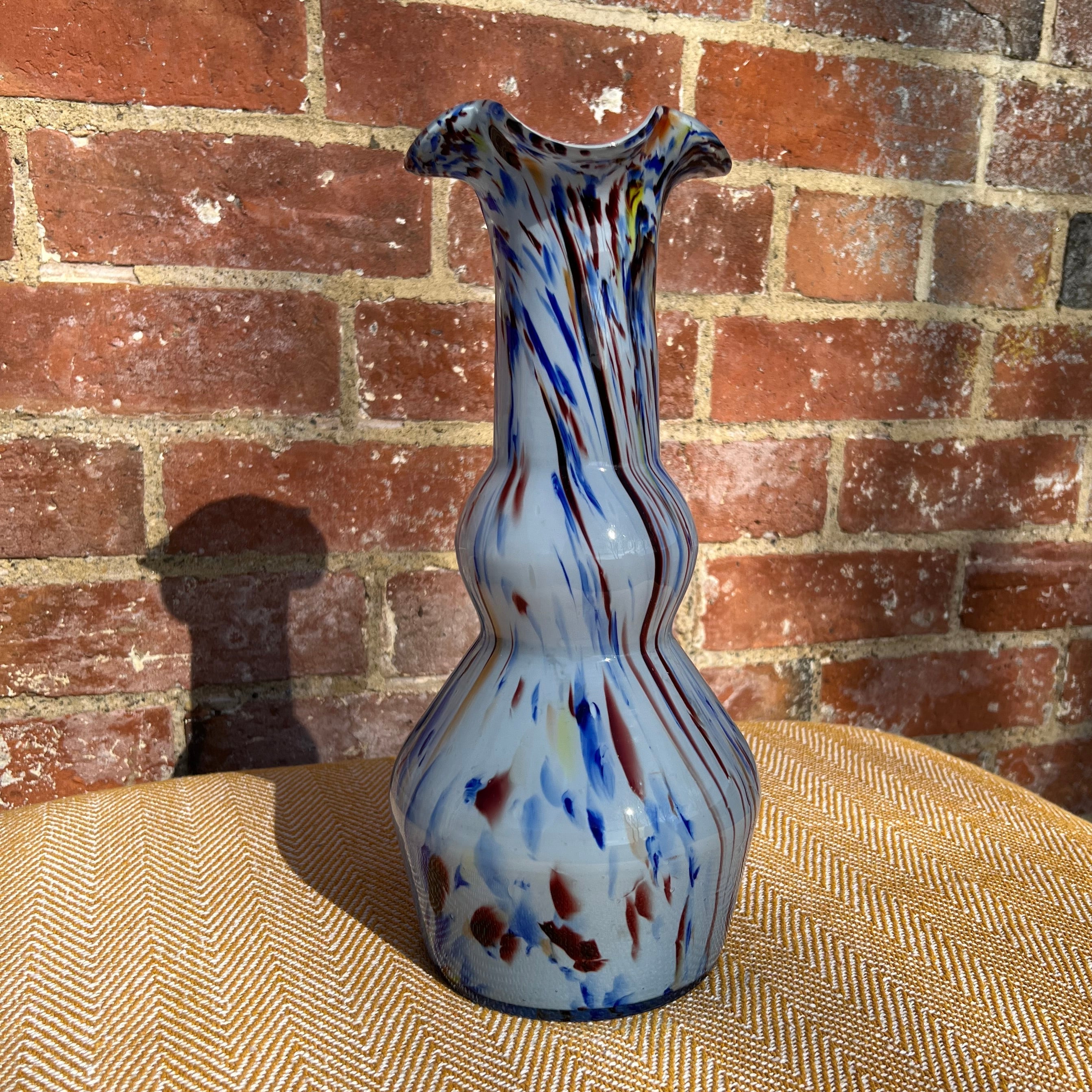 Murano tall glass vase hand-blown with a double-gourd shape and swirling blue red and white patterns