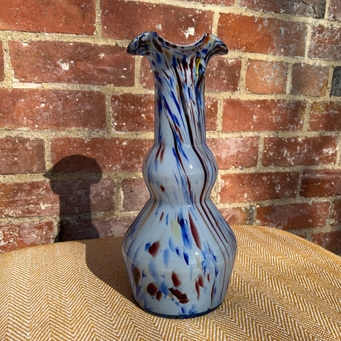 Murano tall glass vase hand-blown with a double-gourd shape and swirling blue red and white patterns