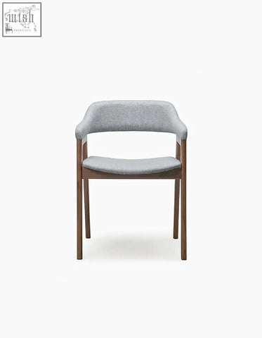 Gray upholstered armchair with sleek wooden frame in murcell matching dining chair leather or linen design