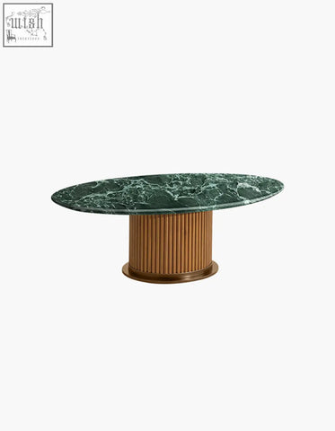 Elegant murcell oval accent coffee table with a brazilian green marble coffee top and warm wooden fluted base