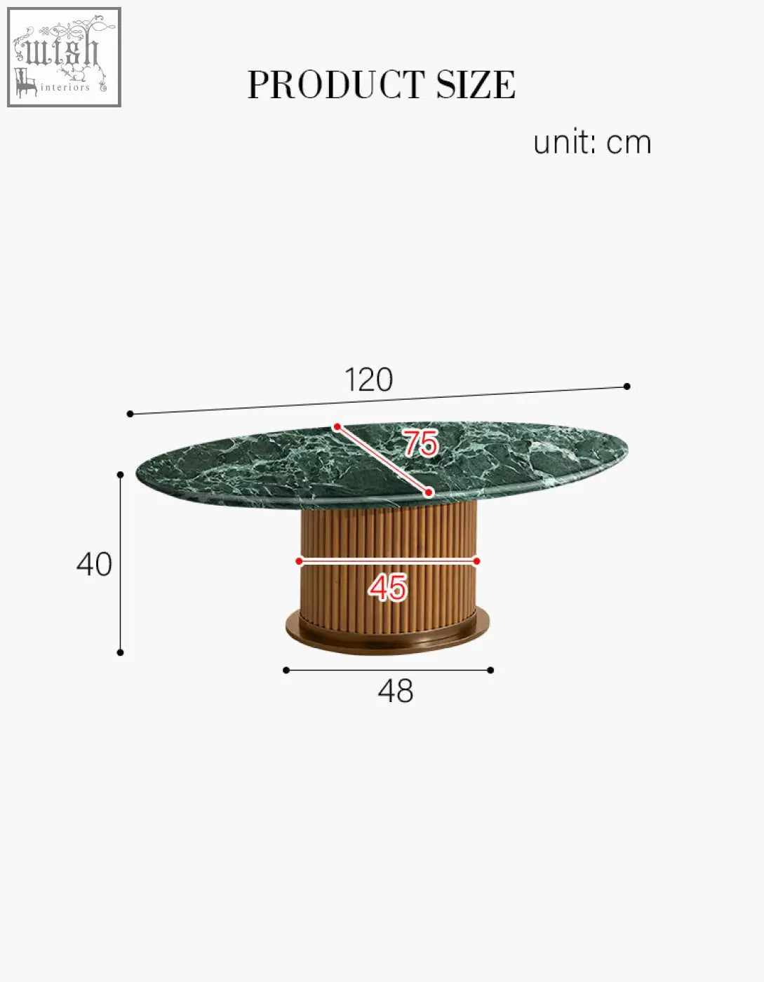 Modern murcell oval coffee table with dark green brazilian marble top and bronze fluted pedestal base marble coffee table