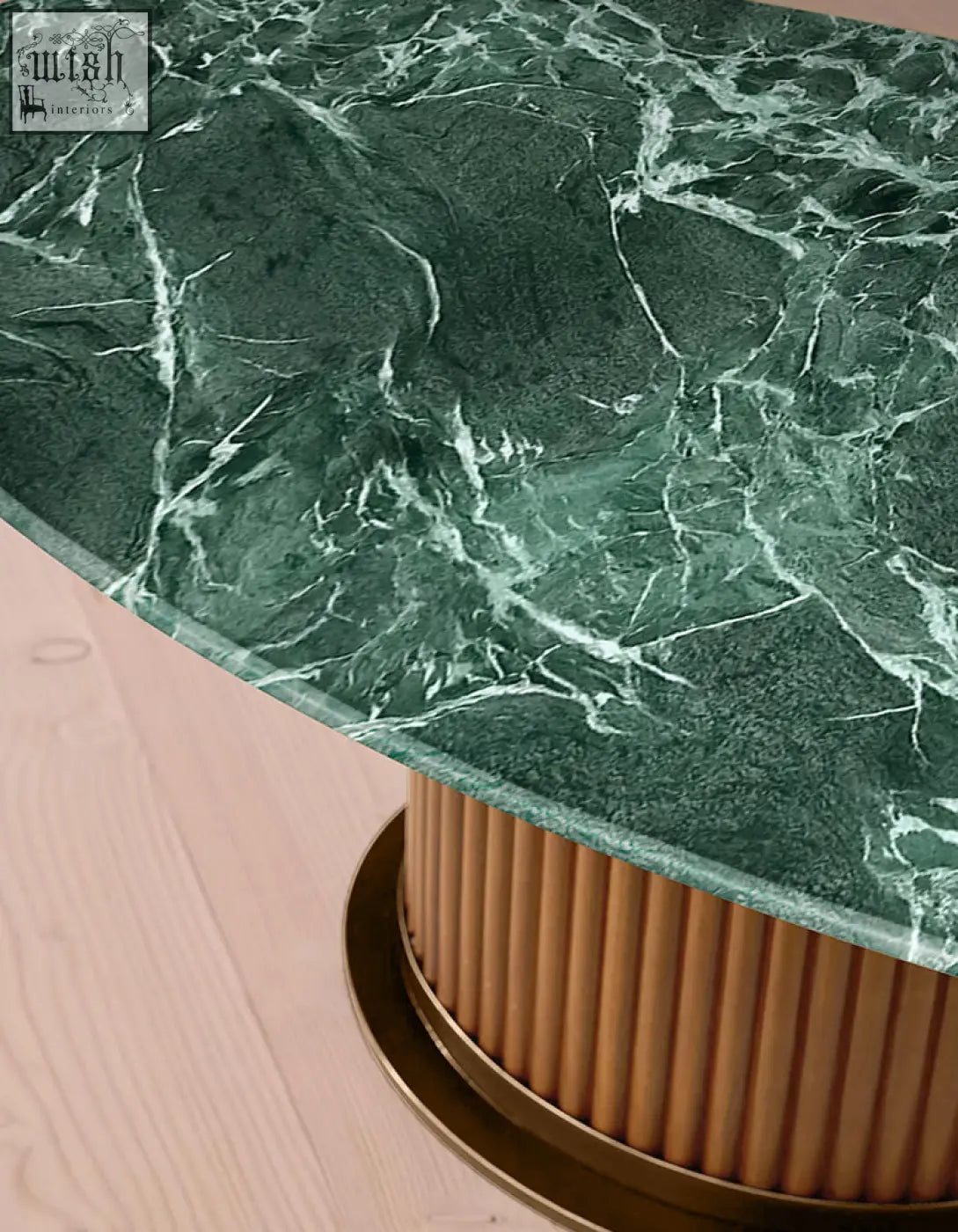 Murcell oval accent coffee table with deep green Brazilian marble coffee top and fluted gold-toned base