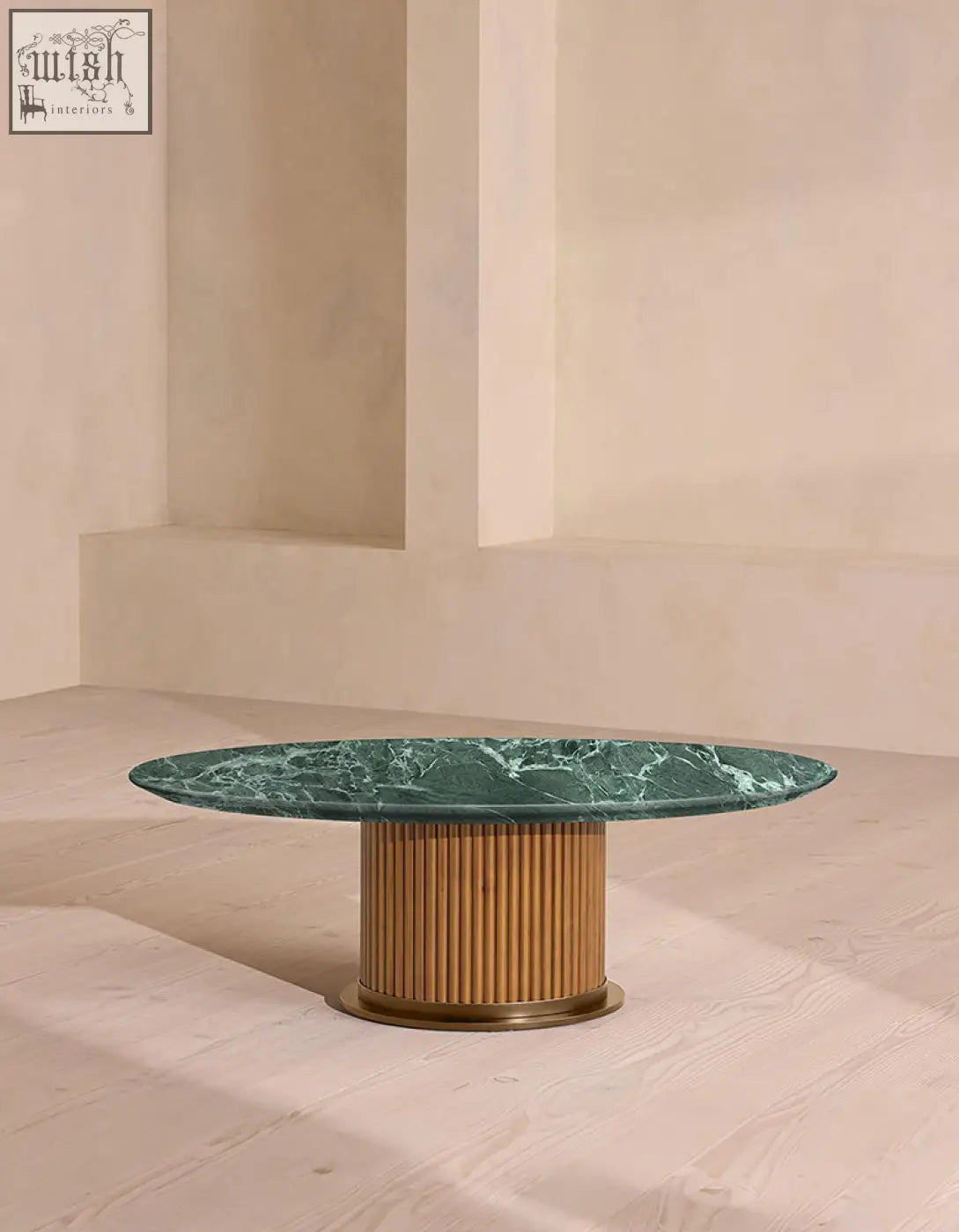 Murcell oval accent coffee table with vibrant brazilian green marble coffee top and light wood slat base with brass accents