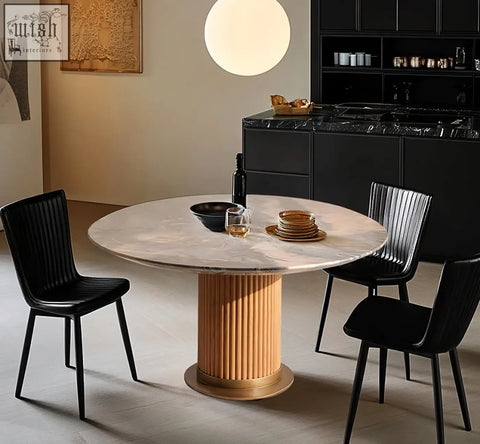 Murcell oval dining table with light gray marble top and fluted golden pedestal base perfect dining table option