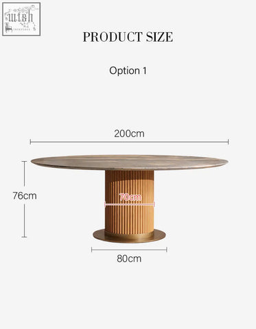 Murcell oval dining table with a bronze-finished round top and fluted golden-brown wooden pedestal base dining table