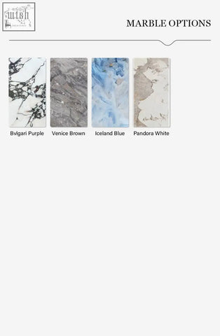 Four marble slabs in bvlgari purple, venice brown, iceland blue, and pandora white for murcell oval dining table