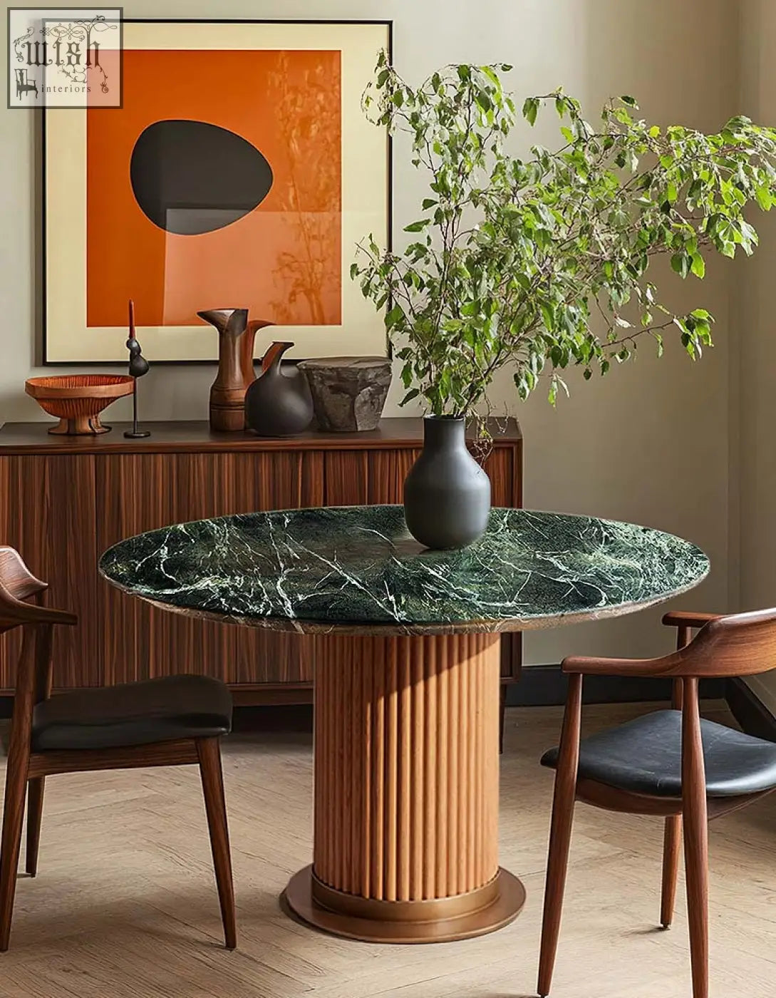 Green marble murcell oval dining table with fluted wooden pedestal base perfect for stylish dining rooms