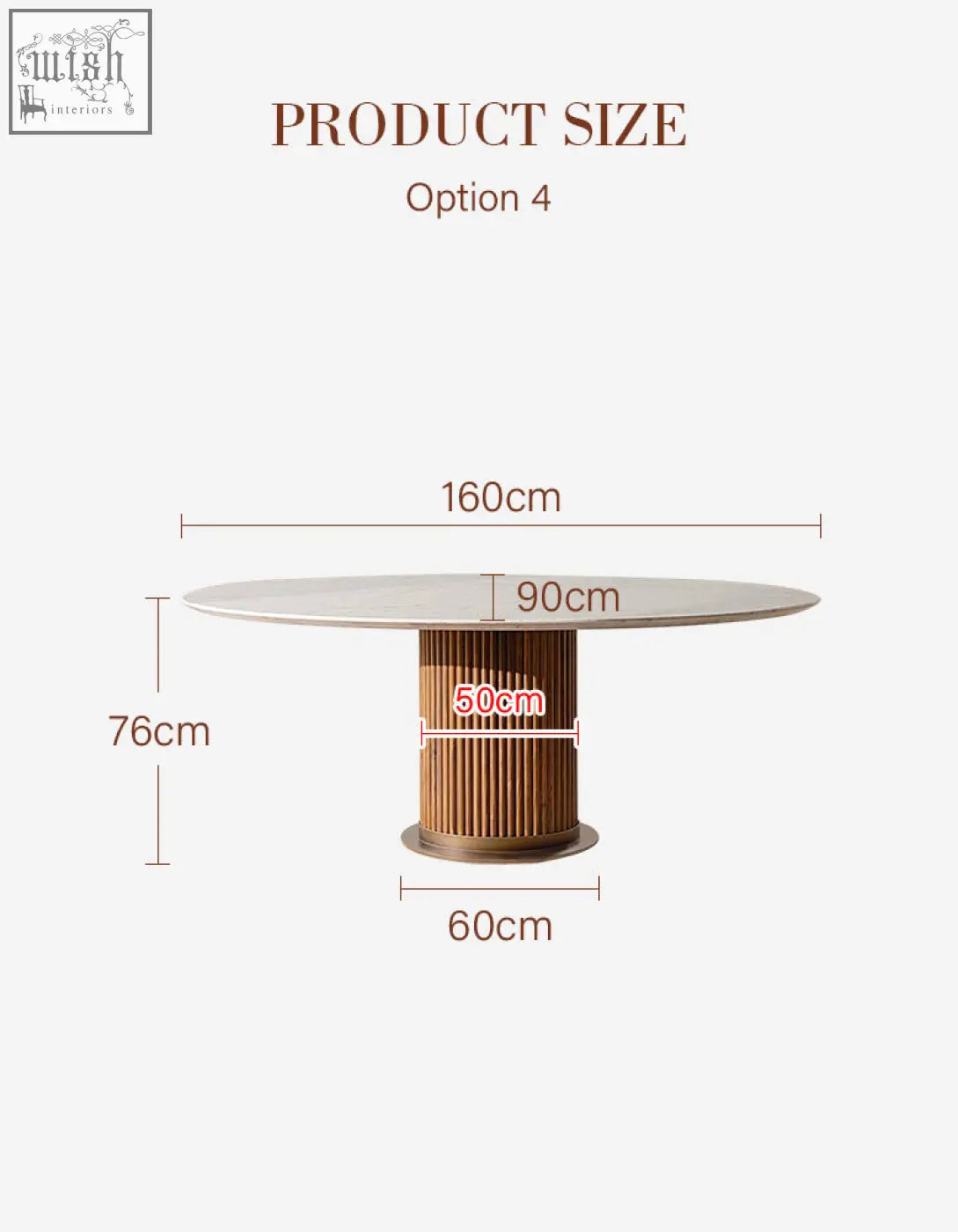 Modern murcell oval dining table with light marble top and wooden slat cylindrical base perfect for dining room use