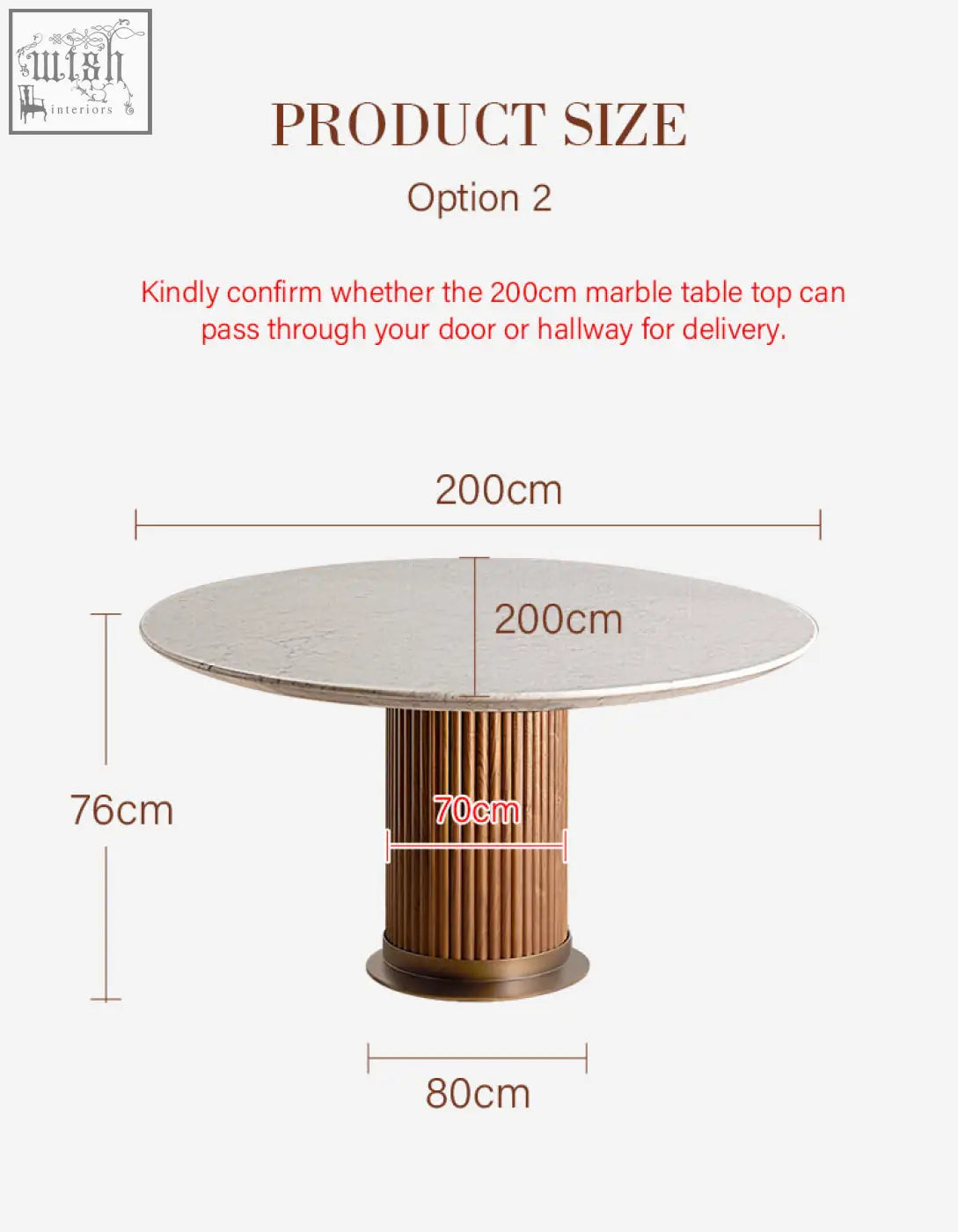Murcell oval dining table with a 200cm round marble tabletop and a fluted bronze base perfect for dining table use