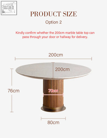 Murcell oval dining table with a 200cm round marble tabletop and a fluted bronze base perfect for dining table use