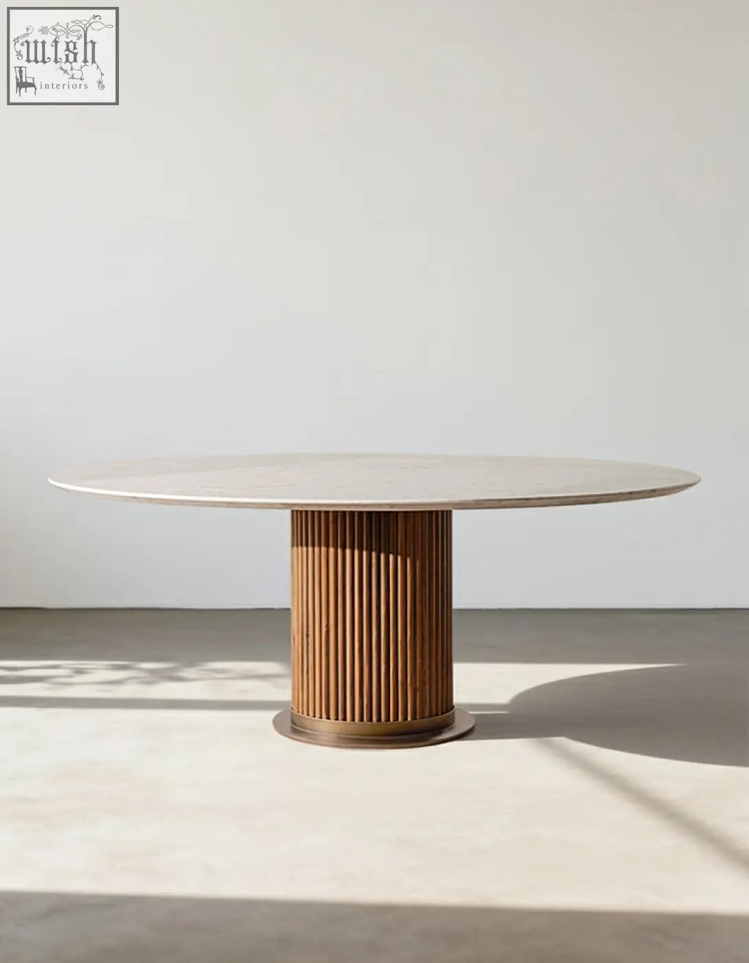 Murcell oval dining table with a sleek white marble top and fluted honey-toned wooden base oval dining table