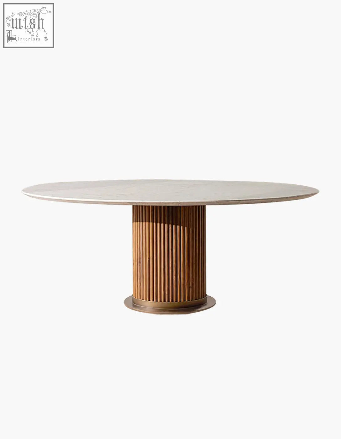 Murcell oval dining table with a smooth white marble top and a warm honey-toned fluted wooden pedestal base