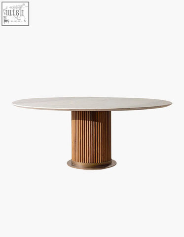 Murcell oval dining table with a smooth white marble top and a warm honey-toned fluted wooden pedestal base