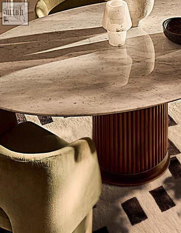 Murcell oval dining table with sleek beige marble top and vertical fluted wooden legs perfect dining table centerpiece