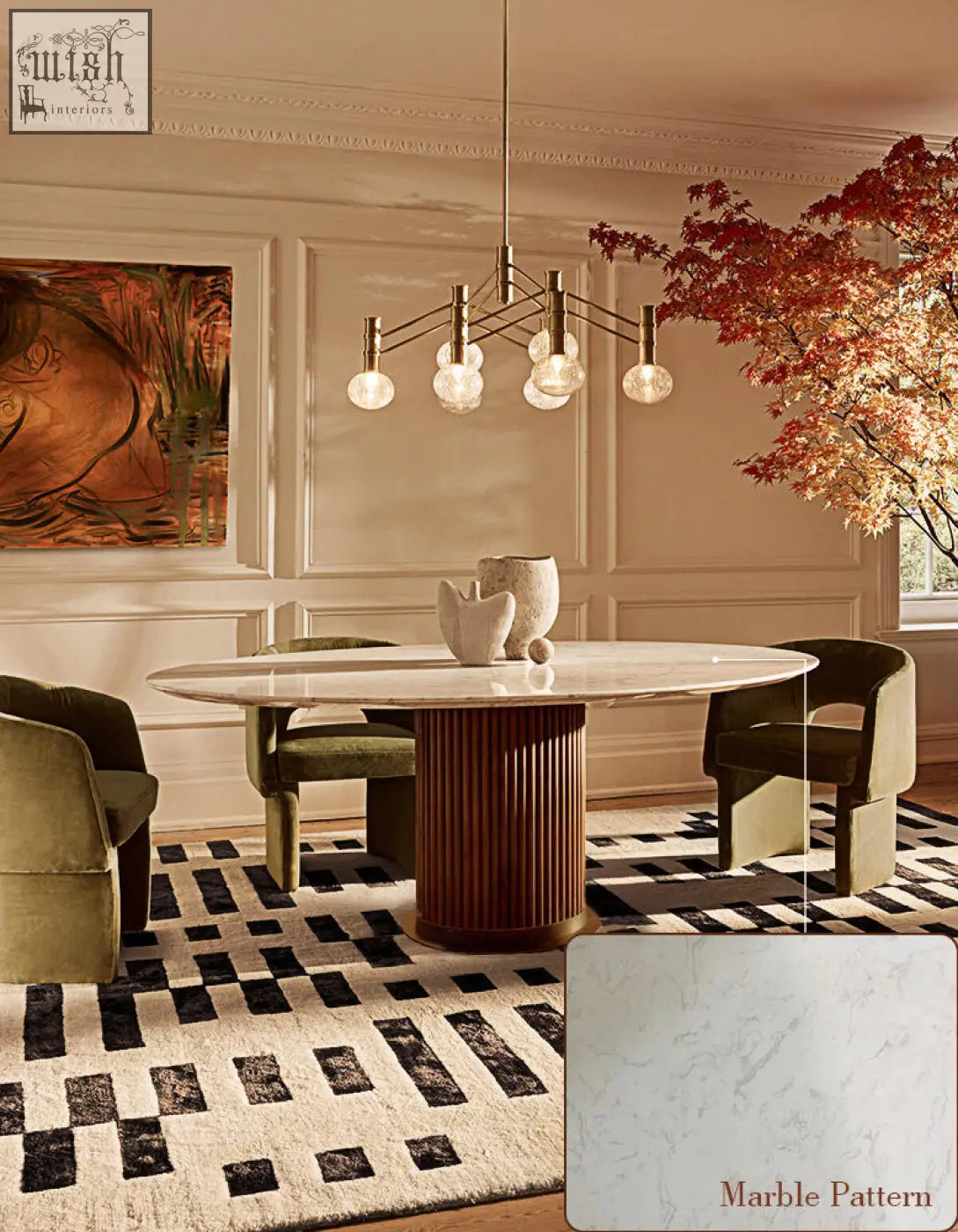 Murcell oval dining table with a white marble top and dark wood ribbed pedestal base perfect for dining space