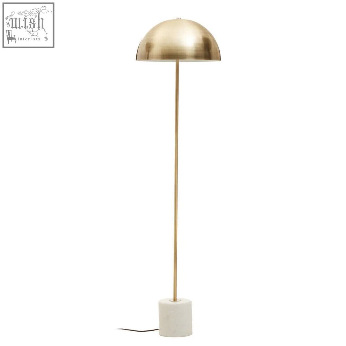 Murdoch floor lamp with a gold dome, brushed brass stem, and white marble base for stylish lighting