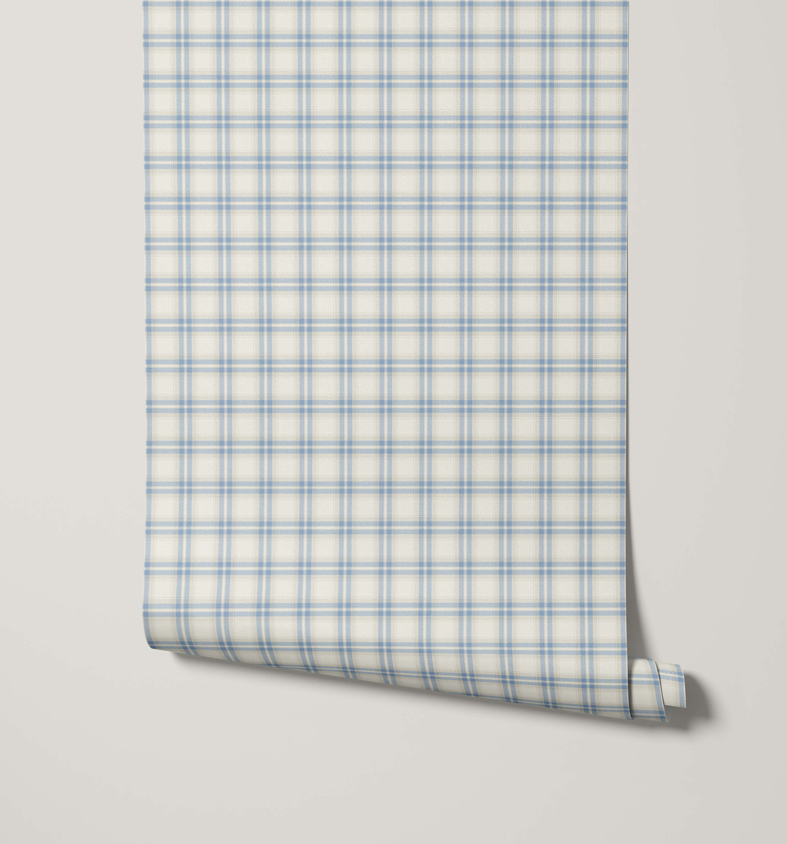 A roll of murray check plaid wallpaper in light blue and white with a subtle classic checkered pattern