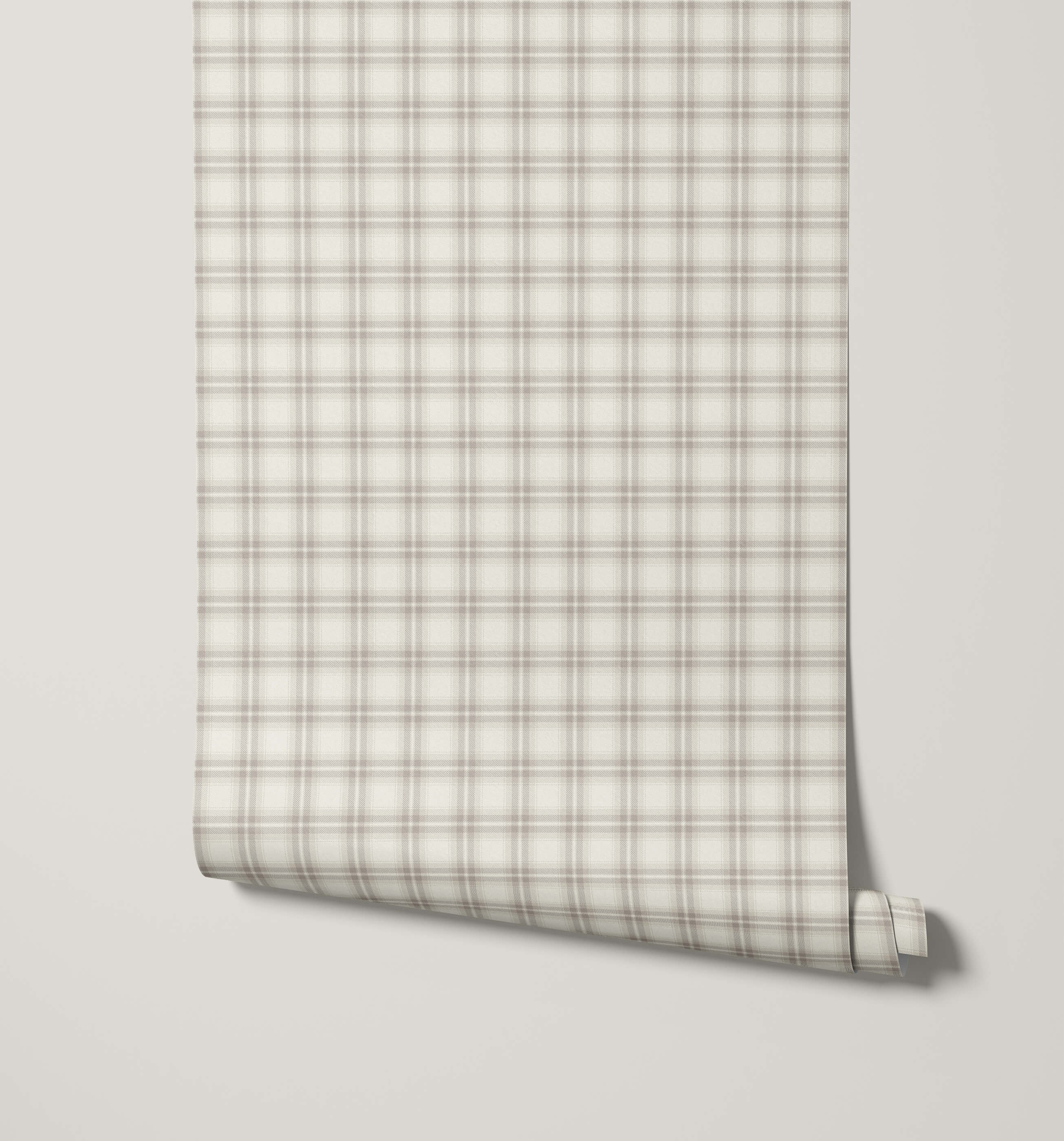 A roll of murray beige and gray check plaid wallpaper with a subtle classic check plaid pattern