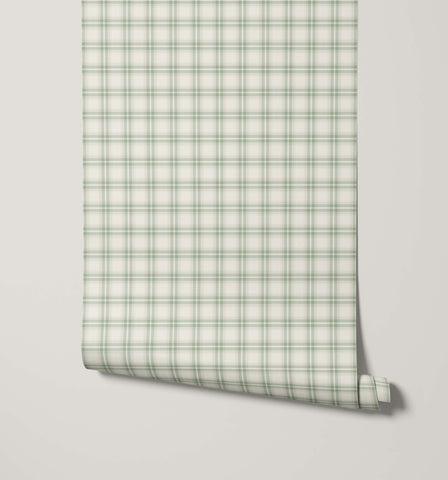 A roll of murray plaid wallpaper in pale green and white with a subtle classic check plaid pattern