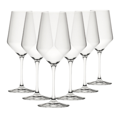 Set of six clear crystal murray red wine glasses with slender stems and wide bowls perfect for red wine drinking
