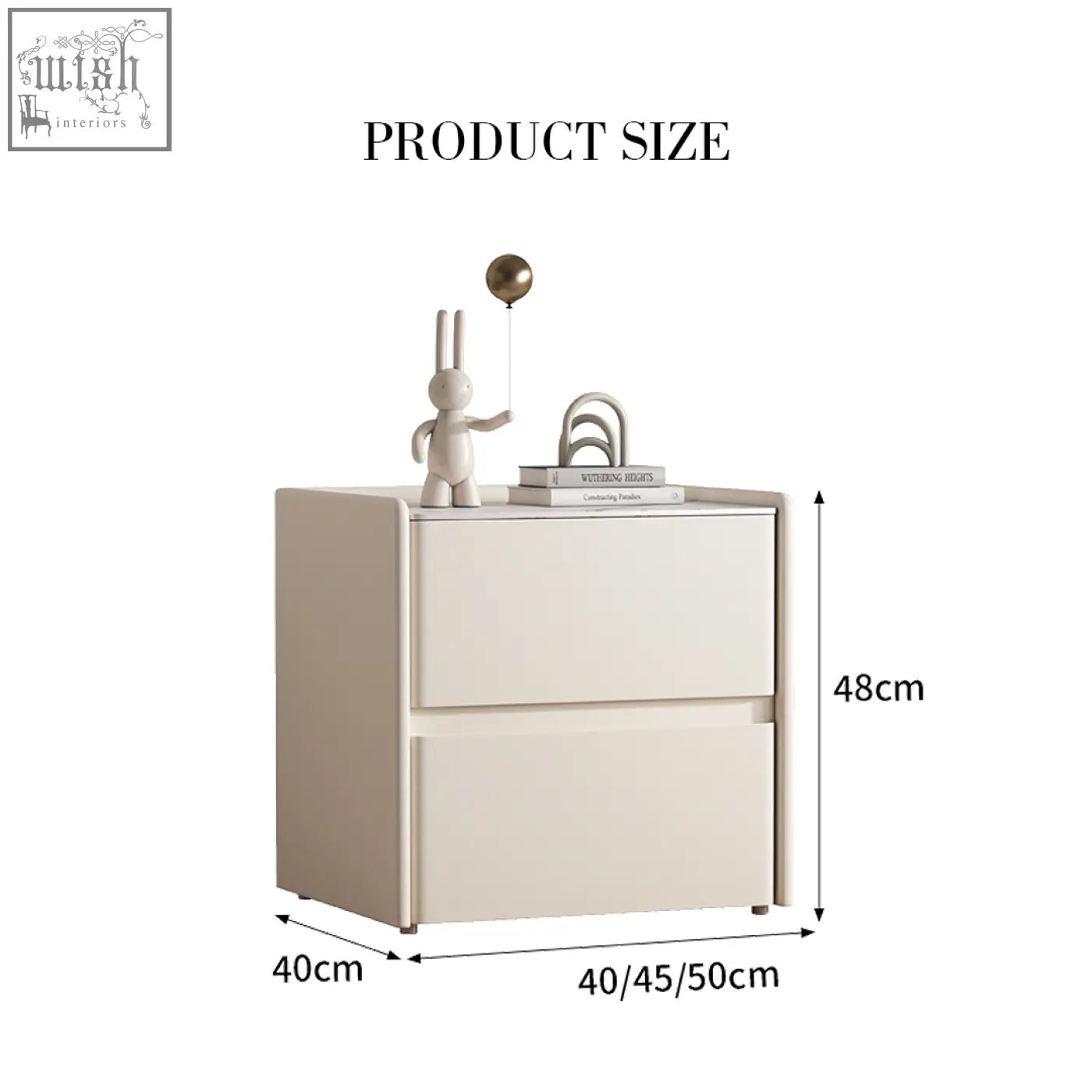 Cream solid wood mursi bedside table with two drawers and subtle metallic accents in a minimalist design