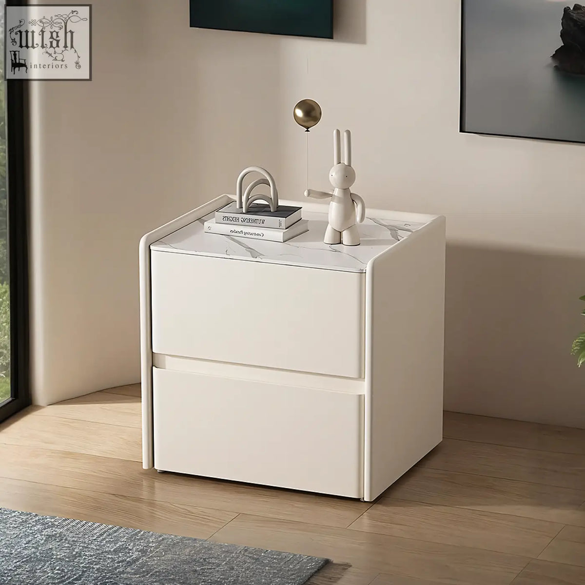 Modern mursi bedside table in cream solid wood with a sleek marble-patterned top and minimalist design