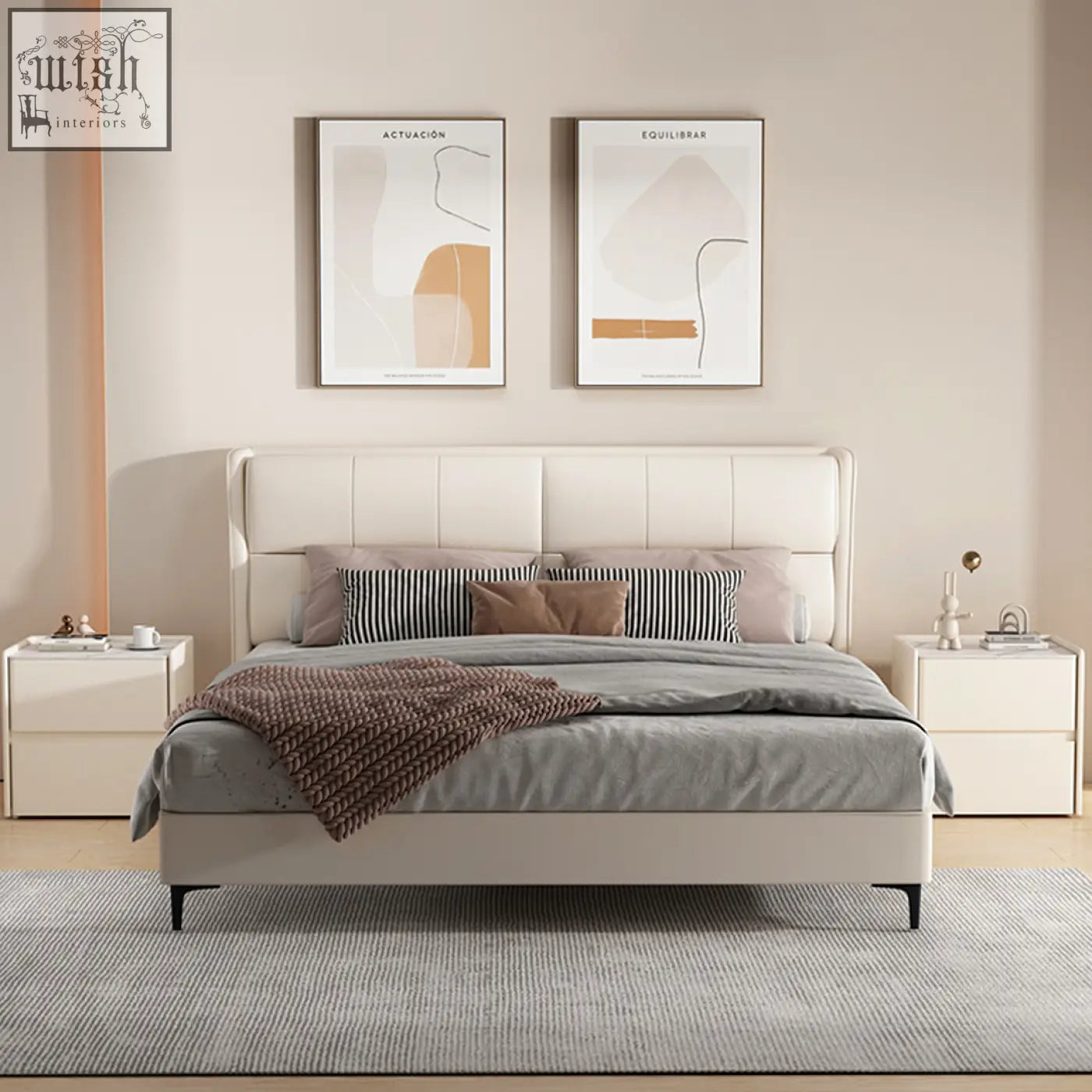 A sleek off-white upholstered bed with tufted headboard and minimalist black legs next to mursi bedside table solid wood cream