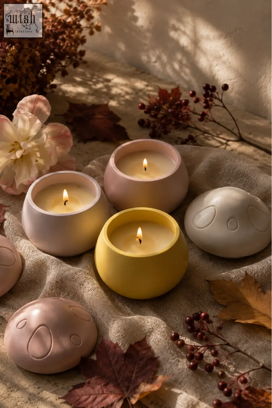 Pastel-colored handmade jar mushroom scented candle holders with lit ylang ylang and vanilla musk candles inside