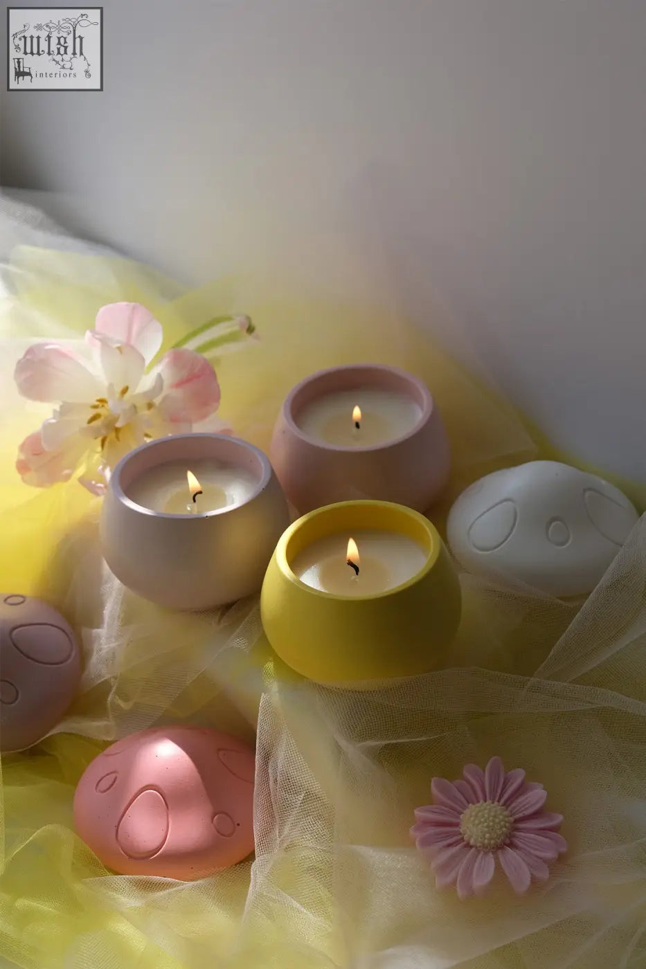Pastel-colored handmade jar mushroom scented candle holders with ylang ylang and vanilla musk in smooth ceramic
