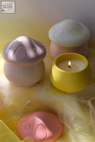 Pastel-colored mushroom scented candle holders in handmade jar with smooth matte surface and vanilla musk ylang ylang scent