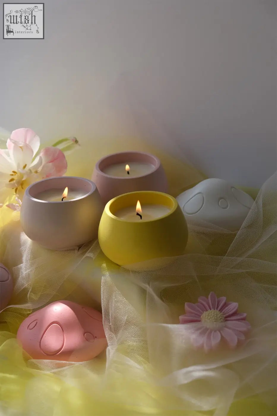 Yellow ceramic handmade jar candle holder with lit wick mushroom scented with ylang ylang and vanilla musk
