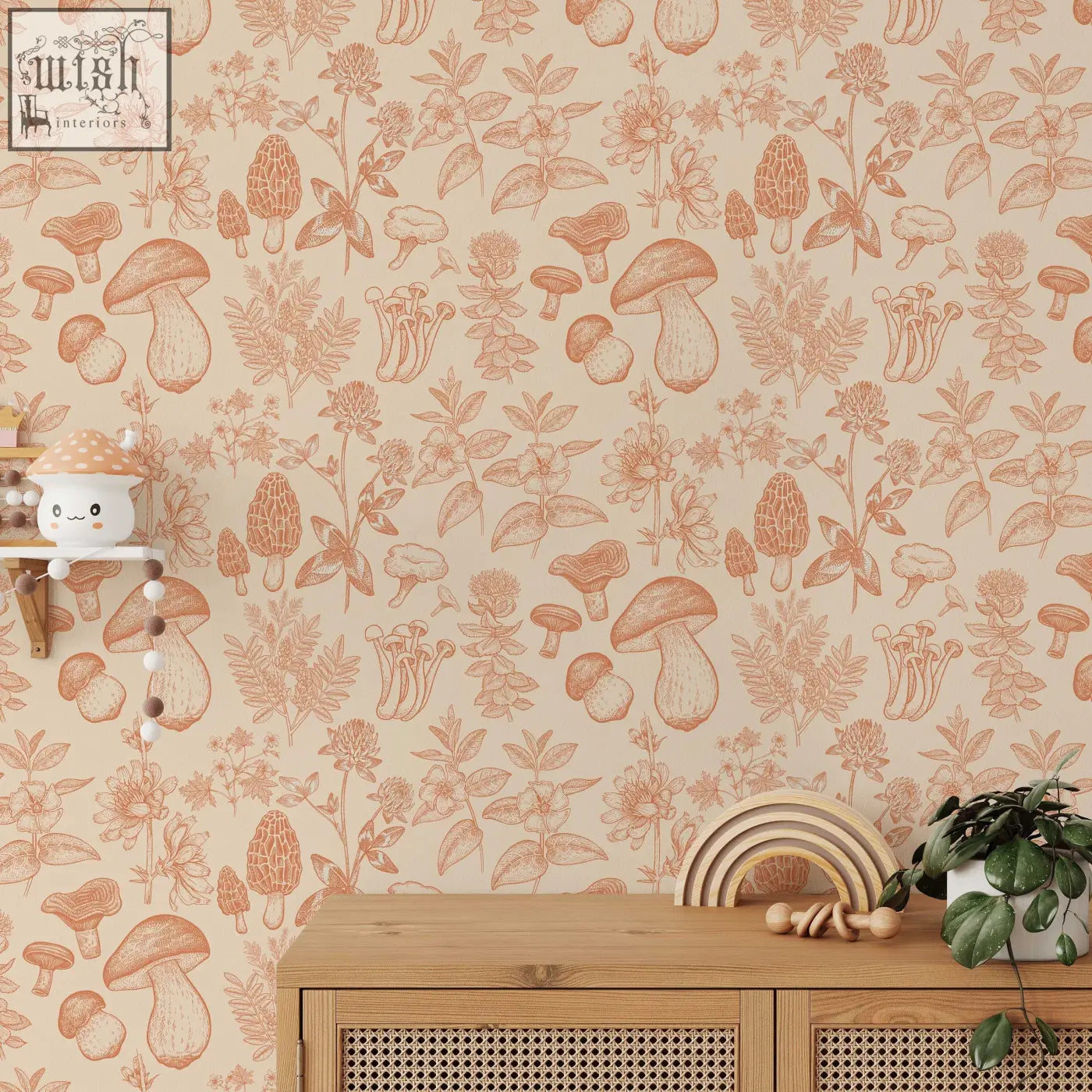 Mushroom peel and stick wallpaper with hand-drawn terracotta illustrations on beige ideal for kids living space contact clickwalls
