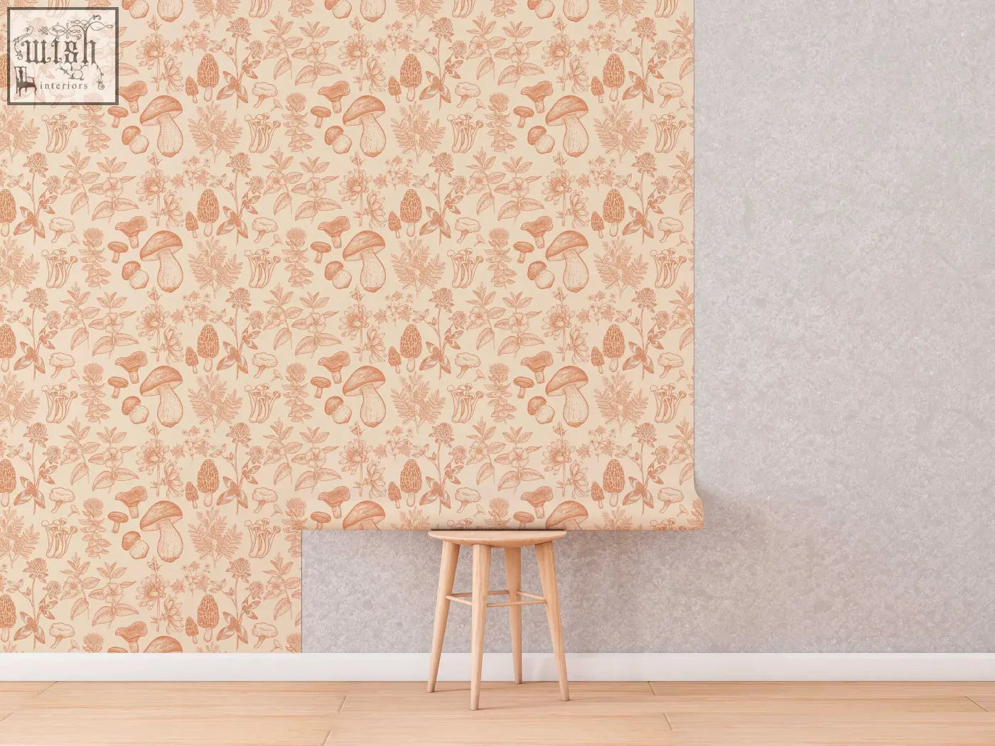 Beige mushroom wallpaper with soft terracotta hand-drawn pattern perfect for kids living space or traditional paper contact clickwalls
