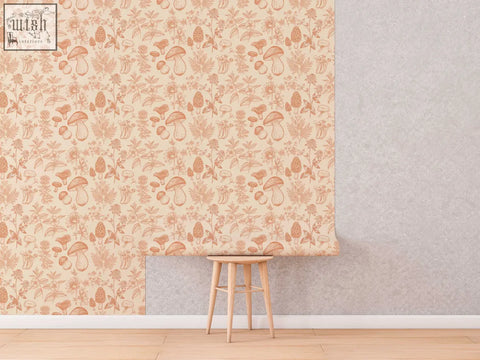 Beige mushroom wallpaper with soft terracotta hand-drawn pattern perfect for kids living space or traditional paper contact clickwalls