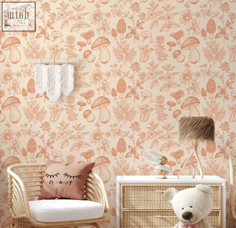 Soft peach mushroom wallpaper with terracotta flowers in peel and stick contact clickwalls for kids living space