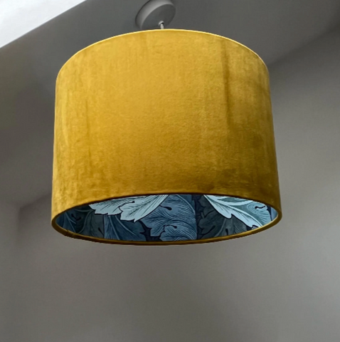 Mustard yellow velvet drum lampshade 30cm height with blue leaves paper interior for ceiling light shade