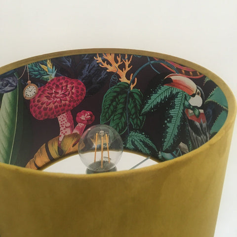 Mustard velvet drum lampshade 30cm height with tropical jungle print ceiling light shade featuring toucans and foliage