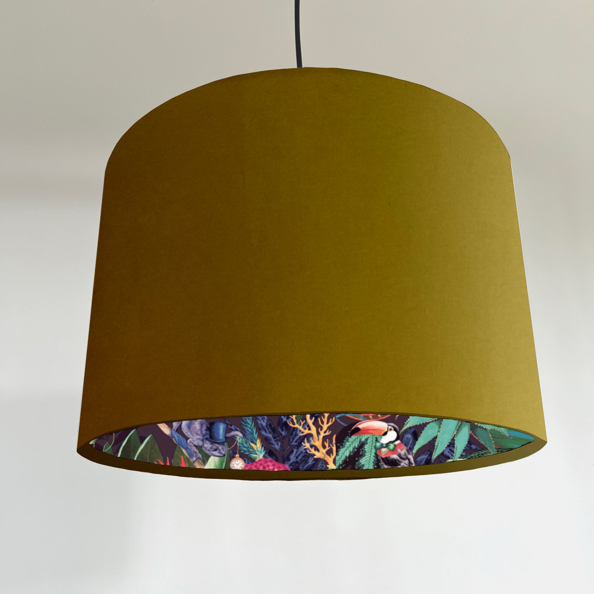 Mustard velvet drum lampshade 30cm height with olive green tropical toucan print interior ceiling light shade