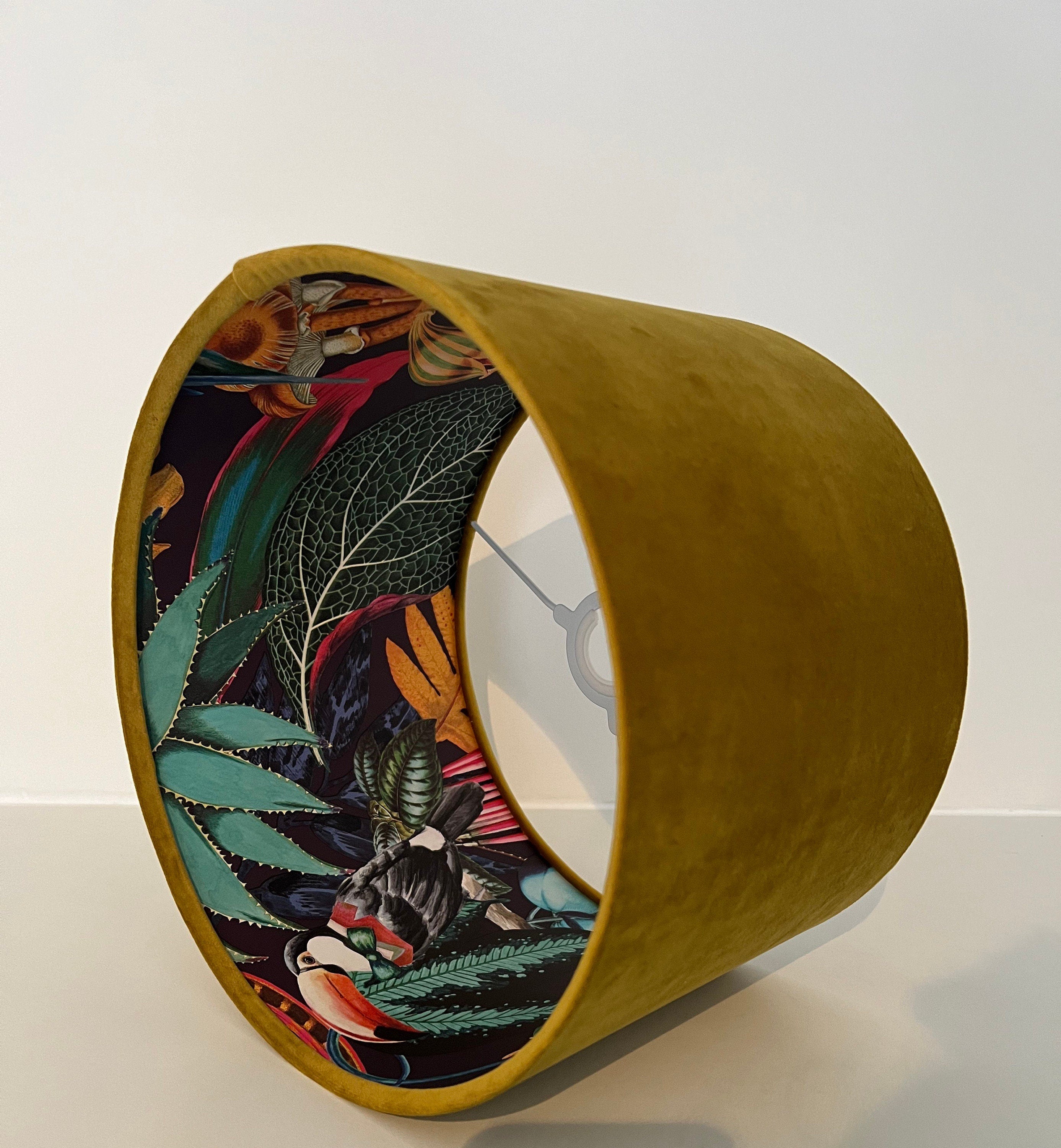 Mustard velvet drum ceiling light shade 30cm height with olive green tropical print and wonderland paper interior